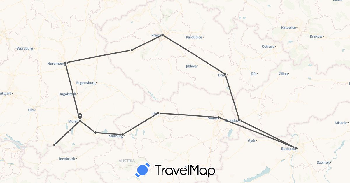 TravelMap itinerary: motorbike in Austria, Czech Republic, Germany, Hungary, Slovakia (Europe)